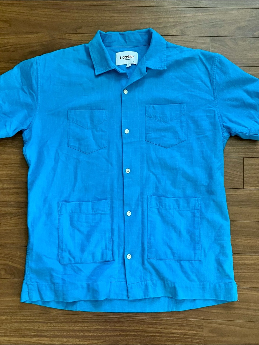 Corridor Four Pocket Short Sleeve Blue Slub Shirt Large